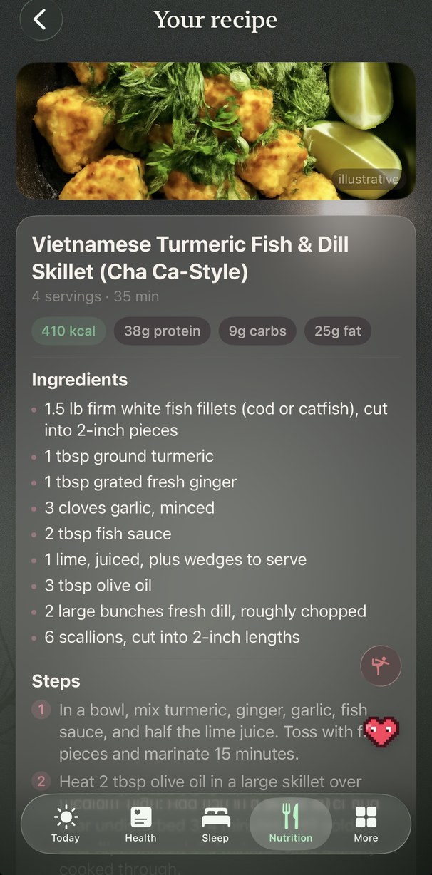 A generated recipe: Vietnamese turmeric fish with macros and steps